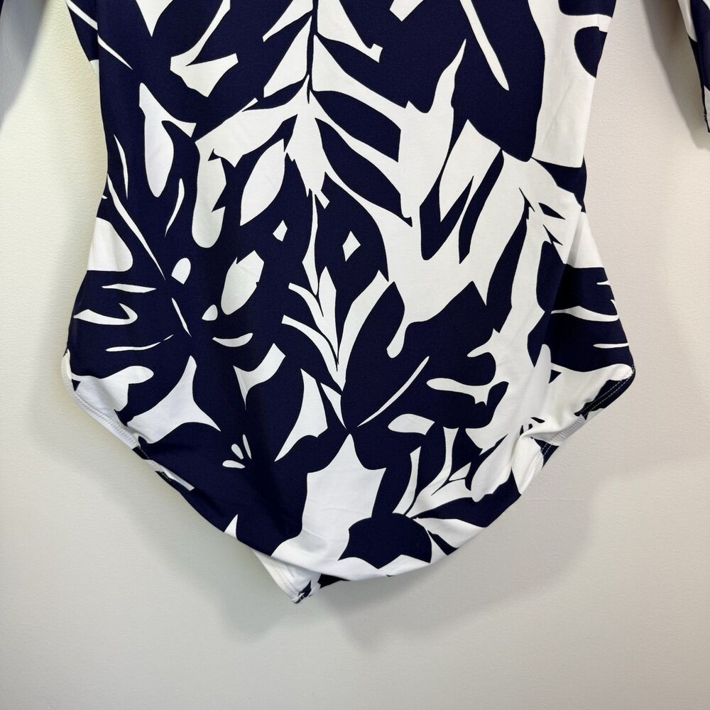 ANNE COLE Long Sleeve One-Piece Rash Guard Swimsuit Tropical Navy White Sz 8 - Picture 9 of 12